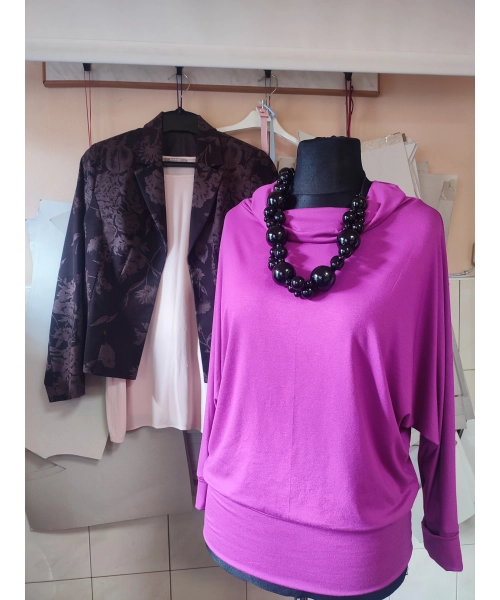 Jesienna bluzka KIMONO ze ściągaczami i z golfem - fuksja